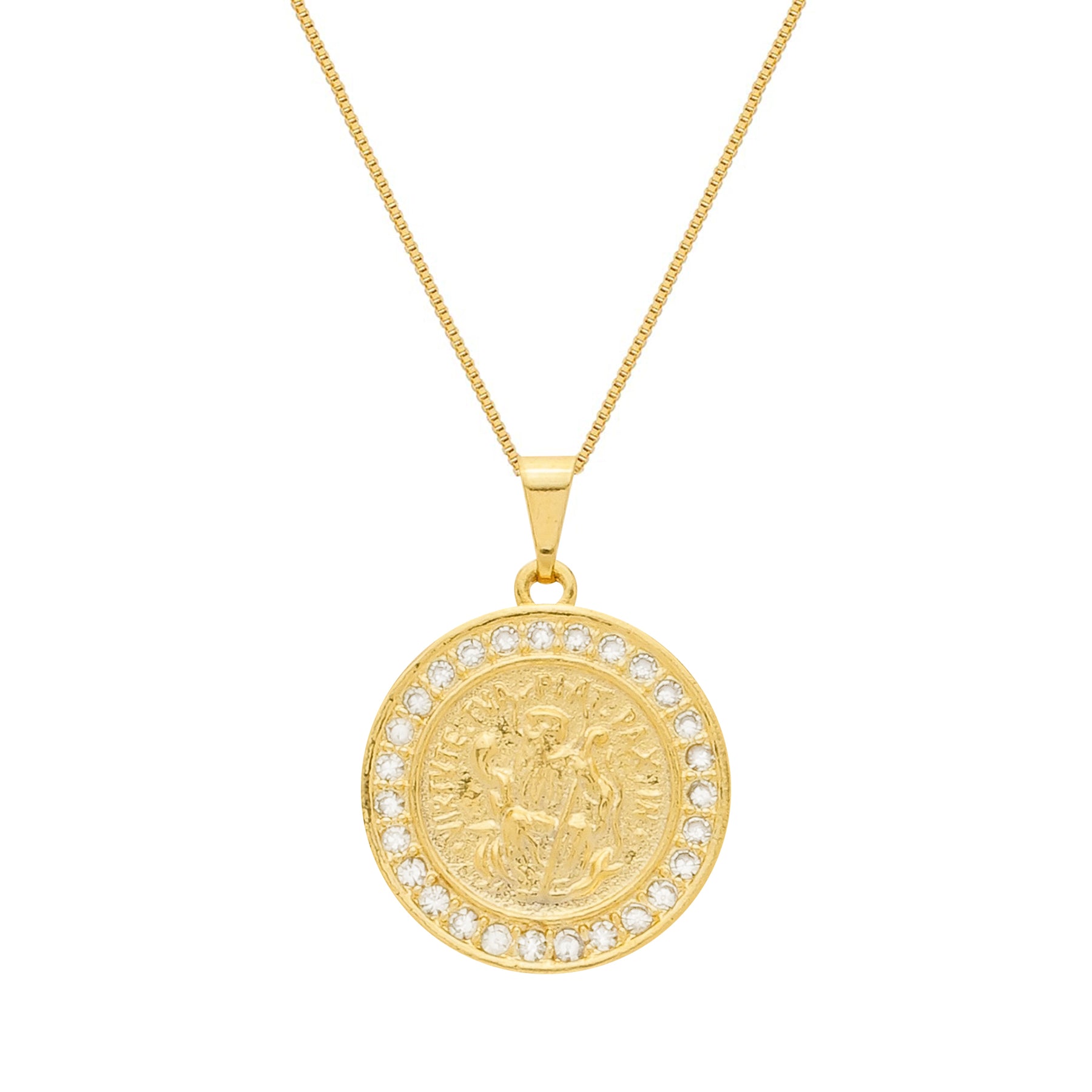 Colar Dourado Medalha São Miguel Arcanjo Cravejado de Zircônia