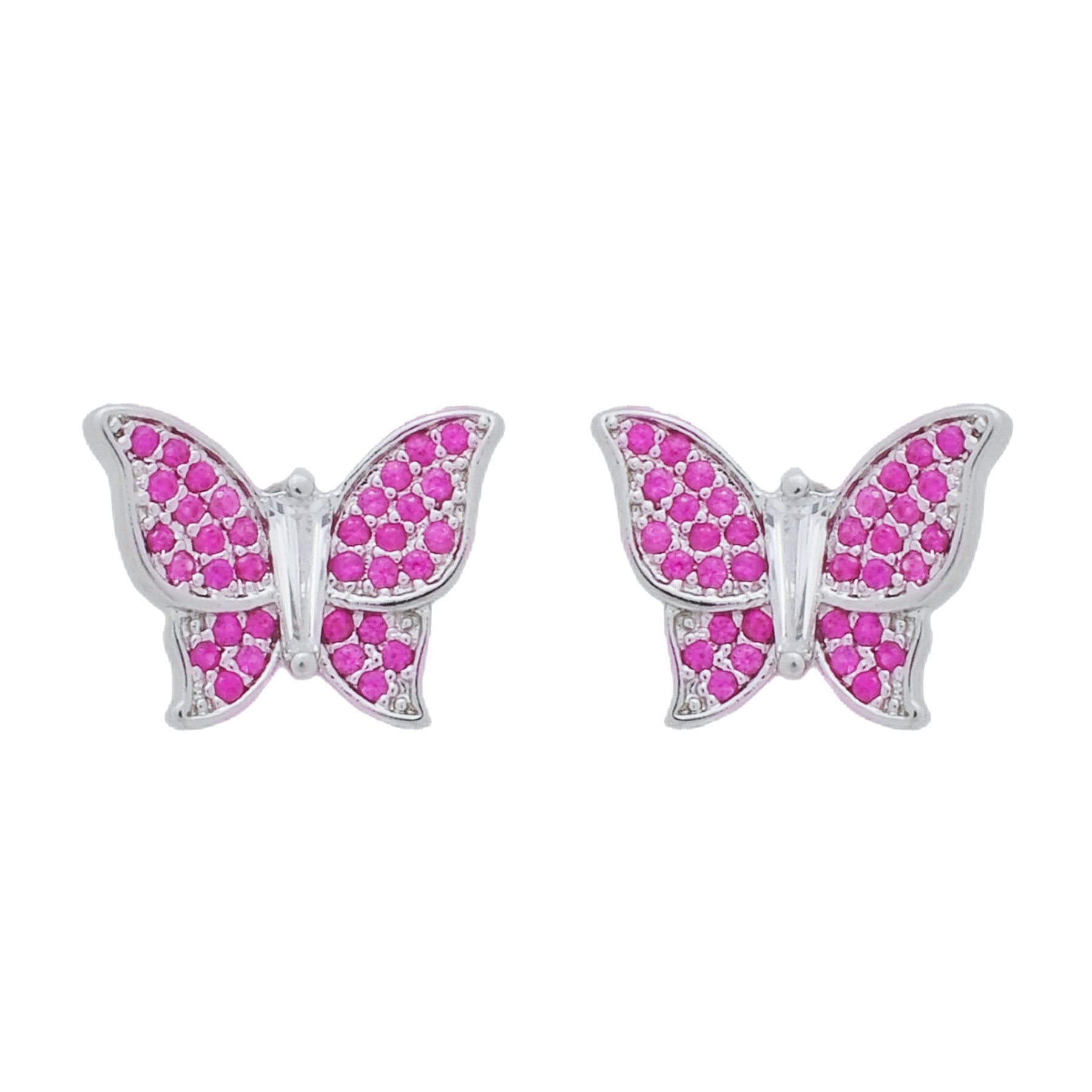 Conjunto Prateado de Borboletas Cravejado de Zircônia Rosa