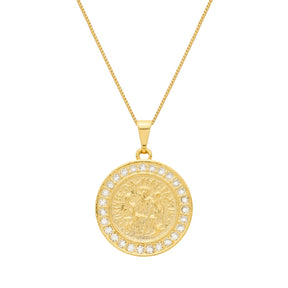 Colar Dourado Medalha São Miguel Arcanjo Cravejado de Zircônia