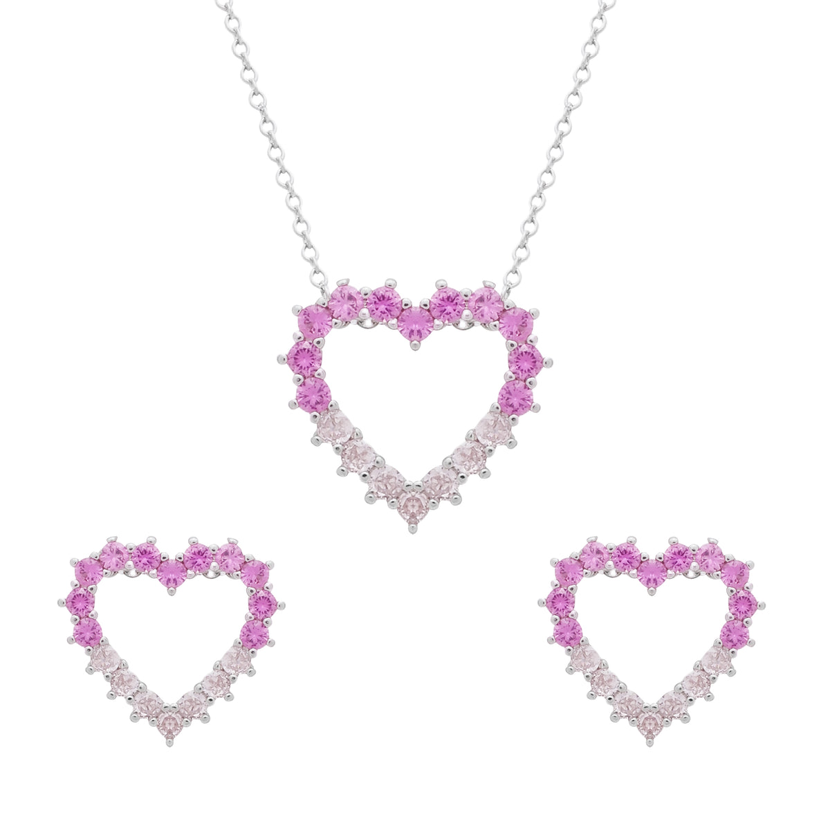 Conjunto Prateado de Coração Vazado Cravejado de Zircônia Rosa Dois Tons