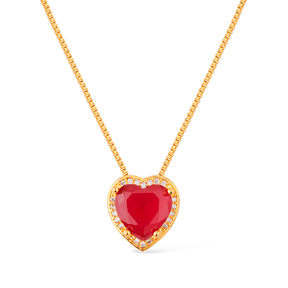 Colar Dourado de Pedra Natural Vermelha Coração Cravejado de Zircônia