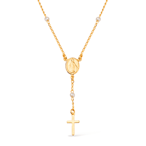 Colar Dourado Religioso Terço Cruz e Pérolas